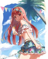 Rule 34 | 1girl, bikini, blue bikini, blush, brown eyes, brown hair, closed mouth, cloud, cloudy sky, cup, day, drinking straw, floral print, flower, frilled bikini, frills, from side, hair flower, hair ornament, hairband, hibiscus, highres, holding, holding cup, idolmaster, idolmaster million live!, idolmaster million live! theater days, knokzm, long hair, looking at viewer, palm tree, parasol, sky, smile, solo, string of flags, swimsuit, tanaka kotoha, tree, umbrella