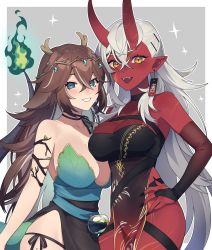 Rule 34 | 2girls, akumi (yoclesh), animal ears, blue eyes, border, breasts, bridal gauntlets, brown hair, colored skin, commentary, commission, cowboy shot, dress, earrings, english commentary, fangs, grey background, grey hair, hair between eyes, hand on own hip, highres, horns, jewelry, large breasts, long hair, looking at viewer, matsuda sousuke, mole, mole on breast, mole under eye, multiple girls, oni, oni horns, open mouth, pointy ears, red skin, scar, scar on arm, scar on face, second-party source, simple background, slit pupils, sugi aoki, tail, teeth, very long hair, virtual youtuber, vyugen, white border, yellow eyes