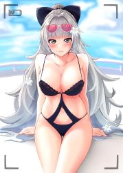 Rule 34 | 1girl, absurdres, areola slip, azur lane, bare arms, bare shoulders, black bow, black one-piece swimsuit, blue sky, blunt bangs, blush, bow, breasts, casual one-piece swimsuit, cleavage, closed mouth, cloud, collarbone, commentary request, day, eyewear on head, flower, frilled swimsuit, frills, frown, green eyes, hair bow, hair flower, hair ornament, high ponytail, highres, large breasts, long hair, looking at viewer, navel, official alternate costume, one-piece swimsuit, outdoors, pink-tinted eyewear, realman, silver hair, sitting, skindentation, sky, solo, sunglasses, swimsuit, thigh gap, tinted eyewear, very long hair, viewfinder, vittorio veneto (azur lane), vittorio veneto (the flower of la spezia) (azur lane), white-framed eyewear, white flower