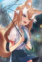 Rule 34 | 1girl, alternate costume, animal ears, blouse, blue neckwear, blue skirt, blush, collared shirt, cowboy shot, fang, highres, italian wolf (kemono friends), kemono friends, light brown hair, looking at viewer, mua artist, multicolored hair, open mouth, pleated skirt, rain, see-through, shirt, short sleeves, skirt, solo, t-shirt, tail, transparent, transparent umbrella, two-tone hair, umbrella, wet, wet clothes, wet shirt, white hair, white shirt, wolf ears, wolf girl, wolf tail, yellow eyes
