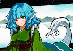 Rule 34 | 1girl, :d, bad id, bad pixiv id, blue eyes, blue hair, blush, breasts, drill hair, fins, frilled kimono, frills, green kimono, head fins, japanese clothes, kimono, large breasts, long sleeves, mermaid, monster girl, one eye closed, open mouth, qqqrinkappp, smile, solo, touhou, traditional media, wakasagihime, water