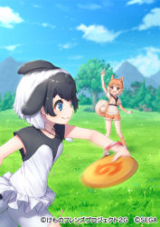 Rule 34 | 2girls, afterimage, animal ears, bike shorts, bike shorts under skirt, black hair, black shirt, blowhole, blue eyes, brown legwear, brown shorts, brown vest, collared shirt, commerson&#039;s dolphin (kemono friends), curled tail, dog (shiba inu) (kemono friends), dog ears, dog girl, dog tail, dolphin girl, dorsal fin, frisbee, fur trim, harness, jewelry, kemono friends, kemono friends 3, kemono friends 3: planet tours, light brown hair, multicolored hair, multiple girls, necklace, necktie, official art, orange eyes, pensuke, shirt, short shorts, shorts, skirt, sleeveless, socks, tail, throwing, two-tone hair, two-tone shirt, vest, white fur, white hair, white shirt, white shorts, white skirt