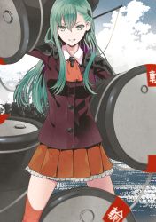 Rule 34 | 10s, 1girl, barrel, carrying, carrying over shoulder, carrying under arm, drum (container), green eyes, green hair, grin, hair between eyes, hair ornament, highres, kantai collection, kuso bba, long hair, matching hair/eyes, skirt, smile, solo, suzuya (kancolle), thighs, uniform