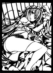 Rule 34 | 10s, 1girl, absurdres, antenna hair, cojica, denpa onna to seishun otoko, greyscale, highres, kirigami, long hair, looking at viewer, lying, monochrome, off shoulder, on side, panties, shadow, skirt, smile, solo, thighhighs, thighs, touwa erio, underwear, very long hair