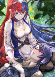 Rule 34 | 1boy, 1girl, alcryst (fire emblem), alear (female) (divine attire) (fire emblem), alear (female) (fire emblem), alear (fire emblem), blue hair, blush, bow, braid, breasts, cleavage, cleavage cutout, clothing cutout, commission, crossed bangs, crown braid, fire emblem, fire emblem engage, hair between eyes, hair ornament, hairclip, heterochromia, highres, lap pillow, long hair, long sleeves, medium breasts, multicolored hair, nintendo, official alternate costume, open mouth, red eyes, red hair, romper, shirt, short hair, skeb commission, sleeves rolled up, smile, snow20200, split-color hair, tiara, two-tone hair, very long hair, vest
