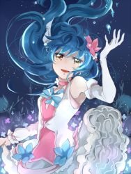 Rule 34 | 1girl, bad id, bad twitter id, blue hair, blush, bokutachi wa hitotsu no hikari, choker, commentary request, cowboy shot, detached sleeves, dress, elbow gloves, floating hair, flower, gloves, hair between eyes, hair flower, hair ornament, jewelry, long hair, looking at viewer, love live!, love live! school idol project, open mouth, purin (purin0), ribbon, single elbow glove, smile, solo, sonoda umi, tears, white gloves