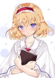 Rule 34 | 1girl, alice margatroid, bad id, bad pixiv id, blonde hair, blue eyes, blush, book, capelet, frilled hairband, frills, hair between eyes, hairband, nanase nao, hugging object, parted lips, red hairband, red neckwear, solo, touhou, upper body, white background, white capelet