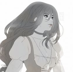 Rule 34 | 1girl, bodysuit, breasts, choker, cleavage, final fantasy, final fantasy ix, garnet til alexandros xvii, greyscale, hair between eyes, jewelry, lace-up top, large breasts, long hair, looking to the side, low-tied long hair, monochrome, parted lips, pendant, puffy sleeves, shirt, signature, solo, upper body, white background, white shirt, yiiande