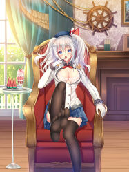 Rule 34 | 10s, 1girl, absurdres, black thighhighs, blue eyes, blush, bra, breasts, buttons, chair, curtains, food, fruit, gloves, hat, heart, heart-shaped pupils, highres, indoors, kantai collection, kashima (kancolle), large breasts, looking at viewer, military, military uniform, miniskirt, open mouth, pleated skirt, sannio, silver hair, sitting, skirt, socks, solo, symbol-shaped pupils, table, thighhighs, tongue, tongue out, twintails, underwear, uniform, watermelon, wavy hair, white gloves, window
