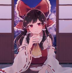 Rule 34 | 1girl, ascot, bare shoulders, black hair, blush, bow, chopsticks, closed mouth, cup, detached sleeves, fingernails, hair bow, hair tubes, hakurei reimu, holding, holding cup, indoors, japanese clothes, long hair, looking at viewer, mozukuzu (manukedori), nontraditional miko, red bow, red eyes, ribbon-trimmed sleeves, ribbon trim, shouji, sidelocks, sliding doors, smile, solo, touhou, twitter username, upper body, white sleeves, wide sleeves, yellow ascot