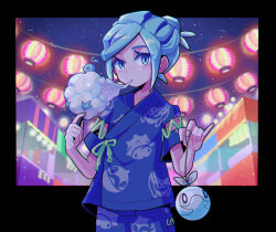 Rule 34 | 1boy, altaria, aqua eyes, aqua hair, blue jacket, blue shorts, cetoddle, character print, closed mouth, commentary request, cotton candy, creatures (company), eating, frosmoth, game freak, gen 3 pokemon, gen 8 pokemon, grusha (pokemon), highres, jacket, lantern, looking at viewer, male focus, night, nintendo, outdoors, paper lantern, pokemon, pokemon sv, shi (soudana sigurd), short sleeves, shorts, sky, snom, solo, star (sky)