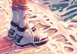 Rule 34 | 1boy, beach, child, commentary, english text, evening, highres, lower body, lunchbox (illillilliiliil), male focus, original, outdoors, shoes, shore, socks, solo, standing, symbol-only commentary, water, white footwear, white socks