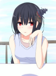 Rule 34 | 1girl, bare shoulders, black hair, blush, breasts, commentary request, fusou (kancolle), hair ornament, jewelry, kantai collection, kikuzunooka, light smile, long hair, looking at viewer, medium breasts, red eyes, ring, shirt, sleeveless, sleeveless shirt, smile, solo, table, upper body, wedding band
