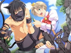 Rule 34 | 2boys, ;), animal ears, black hair, blonde hair, bow, cat, cat ears, claws, covered mouth, crown, fingerless gloves, game cg, gloves, green eyes, looking at another, male focus, mini crown, multiple boys, one eye closed, prince, princexprince, topless male, smile, yaoi