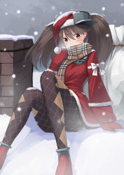 Rule 34 | 10s, 1girl, argyle, argyle clothes, argyle legwear, brown hair, christmas, gloves, hat, kantai collection, long hair, looking at viewer, nueco, pantyhose, red eyes, red gloves, ribbon, ryuujou (kancolle), santa hat, scarf, sitting, snow, solo, tears, trembling, twintails