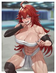 Rule 34 | 1girl, abs, absurdres, ahoge, bare shoulders, black gloves, blurry, blurry background, blush, breasts, cleavage, collarbone, commentary, cowboy shot, crossed bangs, elbow gloves, elbow sleeve, english commentary, fangs, fingerless gloves, fundoshi, gloves, goddess of victory: nikke, hair between eyes, heart, heart-shaped pupils, highres, japanese clothes, large breasts, long hair, looking at viewer, muscular, muscular female, naked sarashi, navel, nihilister (nikke), open mouth, red eyes, red hair, saliva, sarashi, sidelocks, signature, single elbow glove, single fingerless glove, sivarkart, solo, standing, stomach, symbol-shaped pupils, teeth, watermark, web address