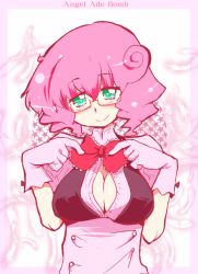 Rule 34 | 1girl, blush, breasts, candy pop nightmare, glasses, gloves, green eyes, hys-d, looking at viewer, pink hair, short hair, smile, solo