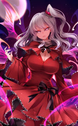 Rule 34 | 1girl, absurdres, black bow, black ribbon, bow, breasts, cleavage, dress, frilled dress, frills, glowing, glowing eyes, hair bobbles, hair ornament, highres, large breasts, long hair, long sleeves, looking at viewer, multiple wings, nail polish, night, one side up, open mouth, pantyhose, parted lips, pink eyes, pink nails, pointy ears, raptor7, red dress, ribbon, shinki (touhou), silver hair, solo, touhou, touhou (pc-98), wings