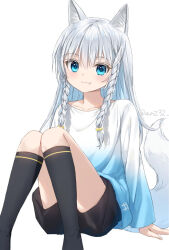 Rule 34 | 1girl, animal ear fluff, animal ears, anz32, arm support, black shorts, black socks, blue shirt, braid, closed mouth, collarbone, fang, fang out, feet out of frame, gradient shirt, grey hair, hair between eyes, kneehighs, knees together feet apart, long hair, long sleeves, looking at viewer, original, shirt, short shorts, shorts, simple background, smile, socks, solo, tail, twin braids, twitter username, white background, white shirt