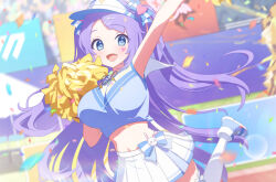 Rule 34 | 1girl, absurdres, arm up, blue archive, blue eyes, blurry, blurry background, blush, breasts, cheerleader, confetti, hair ornament, hanae (blue archive), hanae (cheer squad) (blue archive), hat, heart, highres, holding, holding pom poms, kaerunrun, large breasts, long hair, looking at viewer, midriff, open mouth, pleated skirt, pom pom (cheerleading), pom poms, purple hair, shoes, skirt, sleeveless, solo, thighhighs, two side up, very long hair, visor cap, white skirt, white thighhighs, x hair ornament