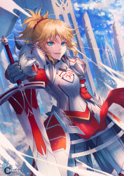 Rule 34 | 1girl, 2017, aqua eyes, armor, artist name, blonde hair, character name, darkavey, day, fate/apocrypha, fate (series), gauntlets, high ponytail, holding, holding sword, holding weapon, long hair, looking at viewer, mordred (fate), mordred (fate/apocrypha), outdoors, parted lips, pauldrons, shoulder armor, smile, solo, sword, weapon