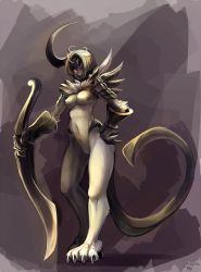 Rule 34 | 1girl, absol, black skin, breasts, claws, colored skin, creatures (company), full body, furrification, furry, furry female, game freak, gen 3 pokemon, glitchedpuppet, grey background, grey theme, hair over one eye, hand on own hip, highres, holding, holding sword, holding weapon, lips, medium breasts, messy hair, nintendo, nose, personification, pokemon, pokemon rse, red eyes, short hair, signature, solo, standing, sword, very short hair, weapon