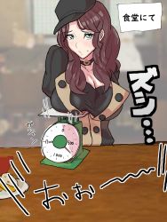 Rule 34 | 1girl, breasts, brown hair, choker, cleavage, dorothea arnault, fire emblem, fire emblem: three houses, garreg mach monastery uniform, green eyes, hat, highres, large breasts, long hair, looking at viewer, nintendo, outdoors, scale, solo, table, translation request, weighing breasts, weighing scale