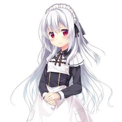 Rule 34 | 1girl, apron, black dress, dress, long hair, maid, maid headdress, original, own hands together, red eyes, ribbon, silver hair, simple background, smile, solo, upper body, usume shirou, white apron, white background