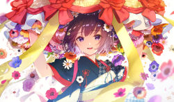 Rule 34 | 1girl, blue flower, blurry, brown flower, colorful, daisy, depth of field, flower, flower request, food, fruit, grapes, hair flower, hair ornament, hands on headwear, hands up, hat, hat flower, hat ribbon, highres, japanese clothes, kimono, kusaka kou, large hat, looking at viewer, obi, original, pansy, petals, pink flower, pink pansy, pink rose, purple eyes, purple flower, red flower, red ribbon, ribbon, rose, sash, seigaiha, shippou (pattern), simple background, sleeves pushed up, smile, solo, straw hat, tassel, tasuki, upper body, white background, white flower, yellow flower