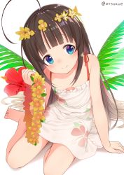 Rule 34 | 10s, 1girl, ahoge, barefoot, blue eyes, blush, breasts, brown hair, cleavage, closed mouth, dress, dx (dekusu), floral print, flower, hair down, head wreath, highres, hinatsuru ai, long hair, looking to the side, print dress, ryuuou no oshigoto!, simple background, sitting, small breasts, smile, solo, twitter username, white background, white dress