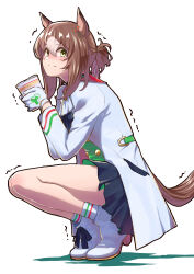 Rule 34 | 1girl, animal ears, black skirt, boots, brown hair, clover hair ornament, cup, fine motion (umamusume), from side, gloves, green eyes, hair between eyes, hair bun, hair ornament, hair ribbon, highres, holding, holding cup, horse ears, horse girl, jacket, looking at viewer, looking to the side, maharu66, multicolored hair, nissin cup noodle, ribbon, simple background, single hair bun, skirt, smile, socks, solo, squatting, trembling, two-tone hair, umamusume, white background, white footwear, white gloves, white hair, white jacket, white socks