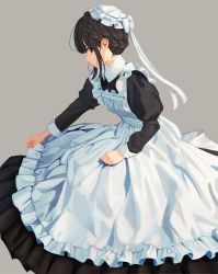 Rule 34 | 1girl, absurdres, apron, black hair, braid, dress, female focus, french braid, frills, grey background, hat, highres, looking at viewer, maid, maid apron, mob cap, original, photo-referenced, profile, sideways glance, simple background, solo, white hat, yiku (sim7368)