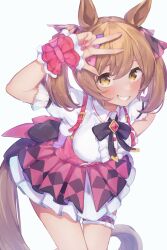 Rule 34 | 1girl, absurdres, animal ears, beautifulinsnow, blush, bow, breasts, brown eyes, brown hair, center frills, commentary request, cowboy shot, dress, frilled dress, frills, grin, hair between eyes, hair bow, heart, highres, horse ears, horse girl, horse tail, looking at viewer, medium breasts, pink dress, puffy short sleeves, puffy sleeves, red bow, scrunchie, short sleeves, simple background, smart falcon (umamusume), smile, solo, tail, teeth, thigh strap, twintails, umamusume, w, white background, wrist scrunchie