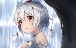 Rule 34 | 1girl, absurdres, animal ears, commentary request, detached sleeves, hat, highres, inubashiri momiji, nyum, pom pom (clothes), red eyes, short hair, solo, string, string of fate, tokin hat, touhou, upper body, water, waterfall, white background, wolf ears