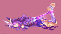 Rule 34 | 1girl, absurdres, arms behind back, bdsm, bondage, bound, clenched teeth, elbow gloves, eyepatch, facial mark, feet, gem, gloves, glowing, hans ft, headgear, highres, league of legends, long hair, multicolored hair, nail polish, pink hair, purple hair, purple legwear, purple nails, purple rope, restrained, rope, signature, simple background, solo, star (symbol), star guardian (league of legends), star guardian syndra, syndra, teeth, toenails, white gloves