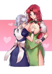 Rule 34 | absurdres, apron, blue dress, bow, braid, breast sucking, breasts, china dress, chinese clothes, dress, embodiment of scarlet devil, green bow, grey hair, highres, hong meiling, izayoi sakuya, large breasts, load lawer, maid, maid apron, maid headdress, multiple girls, short hair, touhou, twin braids, waist apron, yuri