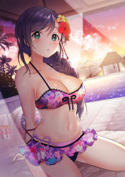 Rule 34 | 10s, 1girl, absurdres, alternate hairstyle, arms behind back, beach chair, bikini, bikini bottom only, bikini skirt, blush, braid, braided ponytail, breasts, cleavage, cloud, collarbone, floral print, flower, green eyes, hair between eyes, hair flower, hair ornament, hair over shoulder, highres, hut, kazepana, large breasts, layered bikini, long hair, looking at viewer, love live!, love live! school idol festival, love live! school idol project, navel, outdoors, palm tree, parted lips, pillow, pool, poolside, purple bikini, seiza, side-tie bikini bottom, sitting, sunset, swimsuit, thick thighs, thighhighs, thighs, tojo nozomi, tree