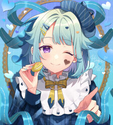 Rule 34 | aqua background, aqua hair, blue hat, blue sweater, bow, bowtie, ensemble stars!, facial mark, food, gradient background, hair ornament, hairclip, hand up, happy white day, hat, heart, heart facial mark, highres, holding, holding food, long sleeves, macaron, male focus, marking on cheek, medium hair, mini hat, one eye closed, plaid clothes, plaid sweater, pointing, portrait, purple eyes, ribbon, shino (sinotaro ), shino hajime, smile, solo, straight-on, sweater, trap, yellow bow