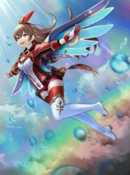 Rule 34 | 1girl, :d, amber (genshin impact), blue wings, blurry, boots, brown eyes, brown hair, cloud, flying, genshin impact, gloves, gold trim, highres, long hair, long sleeves, open mouth, rainbow, rainbow gradient, red gloves, red shirt, red shorts, shirt, short shorts, shorts, sky, smile, solo, thigh boots, two-tone gloves, two-tone shirt, watanacat, water drop, white footwear, white gloves, white shirt, wings