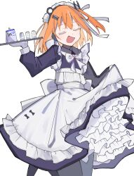 Rule 34 | 1girl, a.i. voice, adachi rei, alternate costume, apron, bow, bowtie, closed eyes, collared dress, dress, drink pouch, energy drink, enmaided, floating hair, foot out of frame, foot up, frilled apron, frilled dress, frills, gloves, grey pantyhose, hair ornament, hair ribbon, hairclip, headlamp, headset, highres, holding, holding tray, layered dress, maid, maid apron, maid headdress, medium hair, one side up, open mouth, orange hair, pantyhose, radio antenna, ribbon, simple background, skirt hold, smile, solo, tray, utau, white background, white bow, white bowtie, white gloves, white ribbon, yuyu no suke