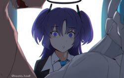 Rule 34 | 1boy, 2girls, absurdres, black halo, black jacket, blue archive, blue necktie, collared shirt, crying, crying with eyes open, halo, headphones, highres, implied sex, jacket, kanashi kum0, multiple girls, necktie, noa (blue archive), open mouth, parted bangs, purple eyes, purple hair, sensei (blue archive), shirt, sidelocks, tears, twitter username, two side up, white shirt, yuuka (blue archive)