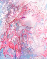 Rule 34 | 1girl, blue eyes, blush, cherry blossoms, closed mouth, clothing request, dress, expressionless, flower, highres, long hair, long sleeves, multicolored eyes, neck ribbon, original, orokudesu, petals, pink eyes, pink flower, pink hair, pink ribbon, ribbon, solo, tulip, white dress