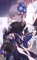 Rule 34 | 1girl, absurdres, bag, bat wings, black kimono, black wings, blue archive, blue flower, blurry, blurry background, commentary request, depth of field, floral print, flower, fur collar, grey hair, hair bun, hair flower, hair ornament, halo, haruna (blue archive), haruna (new year) (blue archive), highres, holding, holding bag, japanese clothes, kimono, long sleeves, pinching sleeves, print kimono, red eyes, roi (liu tian), sleeves past wrists, smile, solo, striped clothes, striped kimono, vertical-striped clothes, vertical-striped kimono, wide sleeves, wings