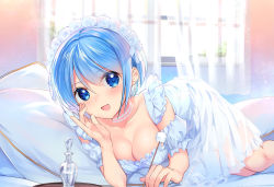 Rule 34 | 1girl, :d, blue eyes, blue hair, blush, breasts, cleavage, collarbone, day, detached sleeves, dress, hand up, indoors, looking at viewer, maid headdress, medium breasts, mimikaki, mochiko kagamino, on bed, open mouth, pillow, see-through, short hair, smile, solo, vial, white dress, window