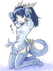 Rule 34 | 1girl, alternate hairstyle, arms behind head, black hair, blue eyes, blue gloves, blue thighhighs, boots, china dress, chinese clothes, dragon girl, dragon horns, dragon tail, dress, elbow gloves, fang, fur trim, gloves, horns, ishiyumi, karin (p&amp;d), long hair, looking at viewer, open mouth, ponytail, puzzle &amp; dragons, scales, seamed legwear, shadow, short sleeves, side-seamed legwear, simple background, smile, solo, tail, thigh boots, thighhighs, white background, white dress, zettai ryouiki