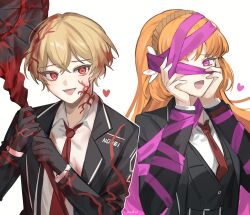Rule 34 | 1boy, 1girl, black coat, black gloves, blonde hair, blood, blood on clothes, blood vessels, blush, bow, coat, collared shirt, doomsday calendar (project moon), e.g.o (project moon), gloves, hair bow, highres, ishmael (project moon), limbus company, long hair, looking at viewer, love mintchoco, necktie, open mouth, orange hair, pink eyes, pink ribbon, pink shoes (project moon), project moon, red eyes, red necktie, ribbon, shirt, sidelocks, simple background, sinclair (project moon), upper body, very long hair, white background, white bow, white shirt, wing collar