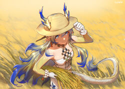 Rule 34 | 1girl, absurdres, arknights, artist name, bare shoulders, blue eyes, blue hair, breasts, brown hat, chinese commentary, closed mouth, colored tips, commentary request, dragon girl, dragon horns, dragon tail, gloves, green hair, hat, highres, holding, horns, horns through headwear, looking at viewer, lunn, multicolored hair, pointy ears, shu (arknights), small breasts, solo, strapless, straw hat, tail, two-tone hair, white gloves