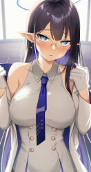 Rule 34 | 1girl, black hair, blue archive, blue hair, blue necktie, blush, breath, colored inner hair, dress, glasses, gloves, halo, highres, indoors, jacket, looking at viewer, multicolored hair, necktie, pointy ears, rin (blue archive), sleeveless, sleeveless dress, solo, tennen inari, two-tone hair, white gloves, white jacket