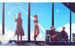 Rule 34 | 1girl, 3boys, aircraft, airplane, annie (saibou shinkyoku), black coat, black footwear, black gloves, black jacket, black pants, black sweater, blue eyes, blue sky, boots, brown footwear, brown hair, brown pants, closed eyes, closed mouth, coat, commentary request, contrail, crossed arms, day, dreyfus zweig, facial scar, gloves, green hair, hand up, harada minoru, jacket, letterboxed, light particles, long sleeves, male focus, multiple boys, open clothes, open coat, orange hair, pants, pink hair, qubagogo, saibou shinkyoku, scar, scar on cheek, scar on face, shirt, short hair, short sleeves, sitting, sky, sweater, theodore riddle, translation request, turtleneck, turtleneck sweater, white shirt