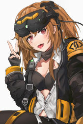 Rule 34 | 1girl, black bra, black gloves, black jacket, bra, breasts, brown hair, cleavage, fang, fingerless gloves, girls&#039; frontline, gloves, hair ornament, hand up, highres, jacket, long hair, looking at viewer, medium breasts, open clothes, open mouth, open shirt, red eyes, scarf, shirt, sitting, skin fang, solo, tongue, tongue out, umber00, ump9 (girls&#039; frontline), ump9 (mod3) (girls&#039; frontline), underwear, white background, white shirt